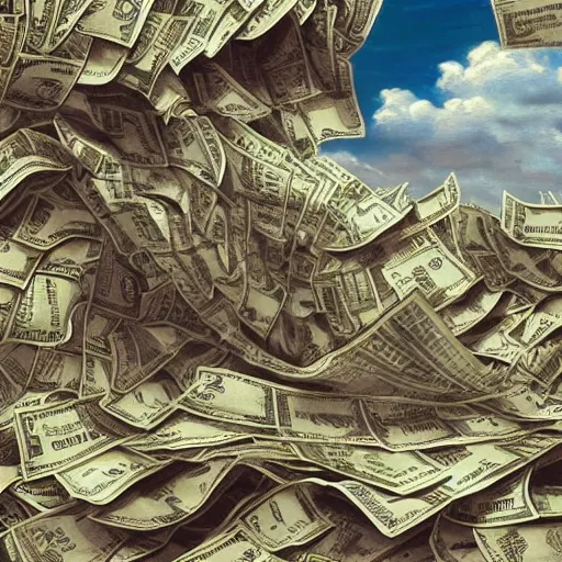 Image similar to tornado made of dollar bills, raining dollar bills, heavy winds and clouds of cash in the background, Realistic, Regal, Refined, Detailed Digital Art, Michael Cheval, Walt Disney (1937), François Boucher, Oil Painting, Steampunk, Highly Detailed, Cinematic Lighting, Unreal Engine, 8k