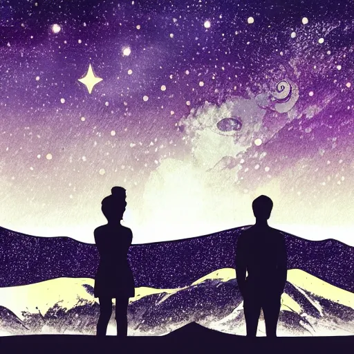 Prompt: a beautiful landscape showing mountains, stars and galaxies in the background. The silhouet of a young couple sits in the foreground, drawn, sketch, anime style
