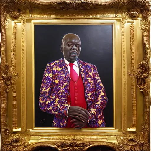 Image similar to a painting of a XXL wise elder from Kenya in a suit by Kehinde Wiley . Fatherly/daddy, focused, loving, leader, relaxed,. ethereal lights, details, smooth, sharp focus, illustration, realistic, cinematic, artstation, award winning, rgb , unreal engine, octane render, cinematic light, macro, depth of field, blur, red light and clouds from the back, highly detailed epic cinematic concept art CG render made in Maya, Blender and Photoshop, octane render, excellent composition, dynamic dramatic cinematic lighting, aesthetic, very inspirational, arthouse.