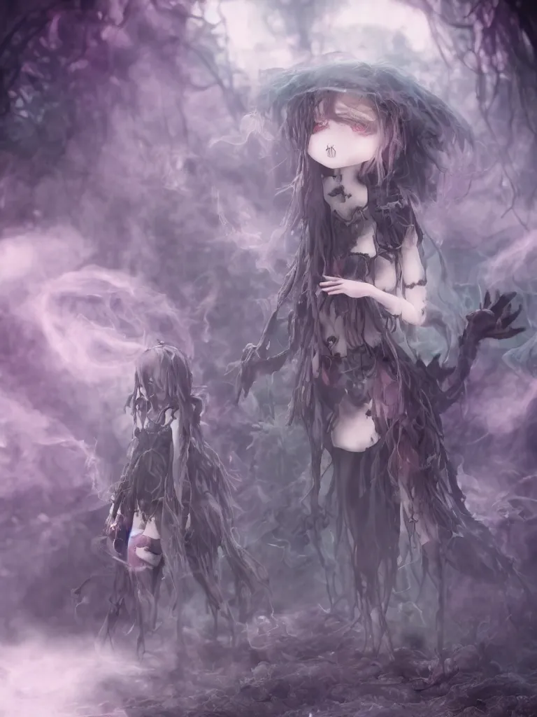 Image similar to cute fumo plush of a frail cursed witch girl wandering the depths of the forbidden jungle, gothic wraith maiden, wispy smoke and volumetric fog, beyond the mirror, asymmetric beauty, vignette, vray