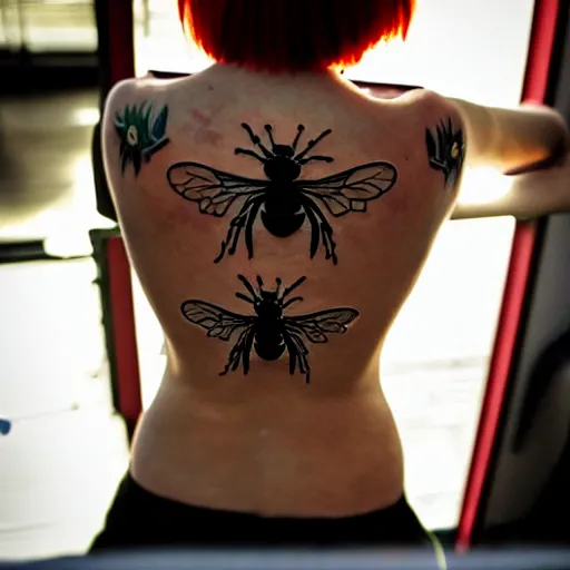 Image similar to a tattoo of bee movie on the beautiful back of a woman with crimson - red hair, anonymous, cinematic lighting, beautiful composition