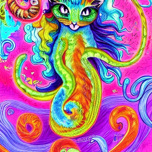 Prompt: cat seahorse shapeshifter, long haired humanoid fursona, detailed painterly digital art by lisa frank and louis wain, furaffinity, cgsociety, trending on artstation