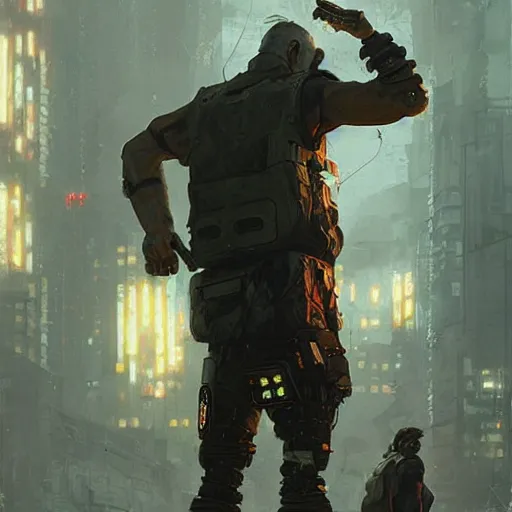 Prompt: russian old veteran in a vest with a cyber prosthesis on his leg cyberpunk art by greg rutkowski