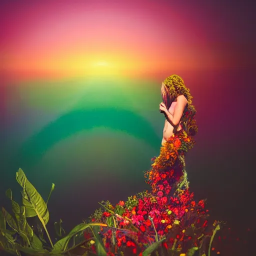 Prompt: A picture of a planet of various colors and plants, in which a human figure dressed in something magical and impressive, inside a picture of infinity, sunset light, Atmospheric Phenomenon art photography