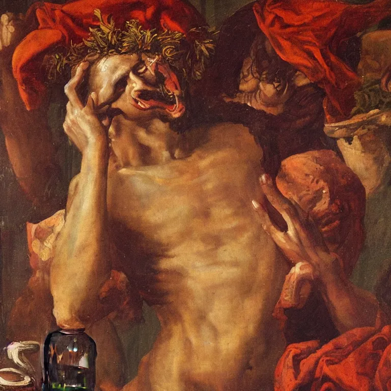 Prompt: Dionysus, the Greek god of wine, drinks to forget in the style of a Francis Bacon painting, masterpiece, high detail