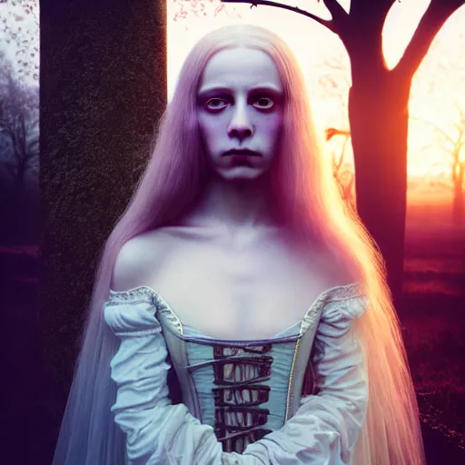 Image similar to photographic portrait of a stunningly beautiful english gothic renaissance female in soft dreamy light at sunset, soft focus, contemporary fashion shoot, in a tim burton movie, by edward robert hughes, annie leibovitz and steve mccurry, david lazar, jimmy nelsson, extremely detailed, breathtaking, hyperrealistic, perfect face, octane render