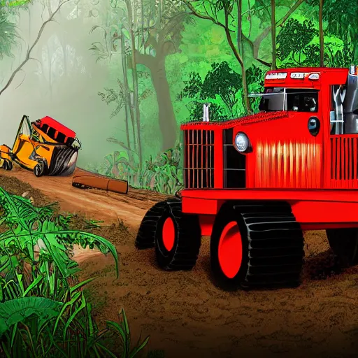 Image similar to a preacher with short cropped hair and a widows peak driving a small red bulldozer through the jungle while a wolfman runs along beside him