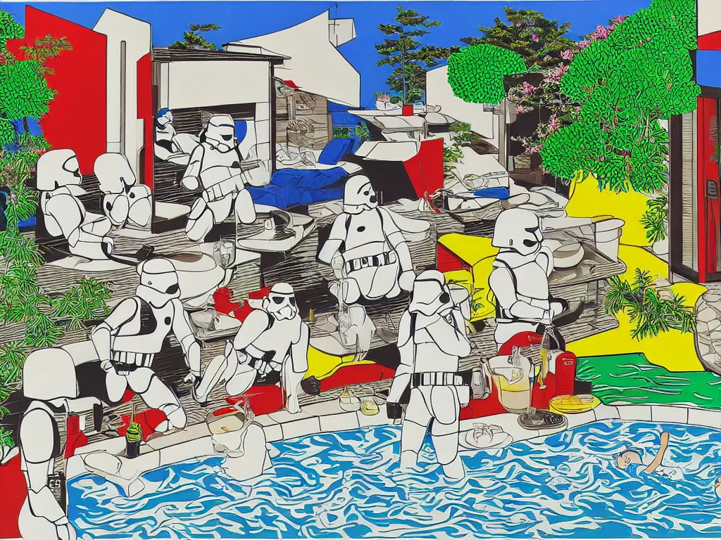 Image similar to hyperrealism composition of the japanese house with a hot springs in the garden, two detailed stormtroopers bathe in a hot spring, pop - art style, jacky tsai style, andy warhol style, roy lichtenstein style, acrylic on canvas