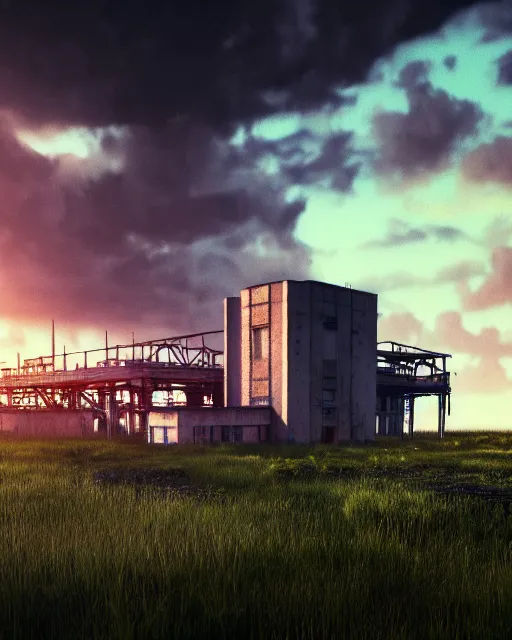 Prompt: a beautiful photorealistic render of urbex urbex industrial architecture by eugene boudin, futuristic otherworldly vaporwave darkacademia alien nature sunset biopunk meadow flowers lake, archdaily, wallpaper, highly detailed, trending on artstation.