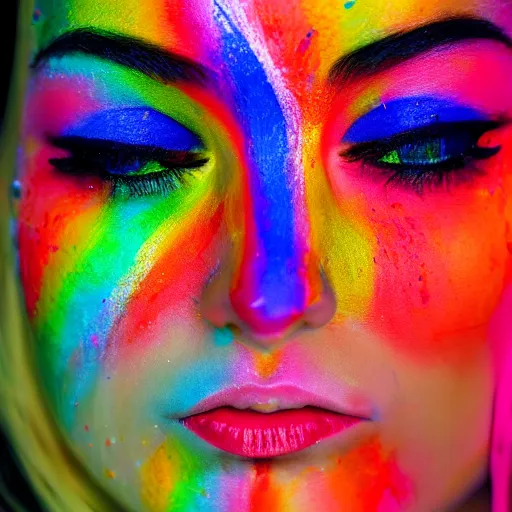 Prompt: woman crying rainbow paint, photography, ultra realistic, highly detailed, symmetrical, 8 k