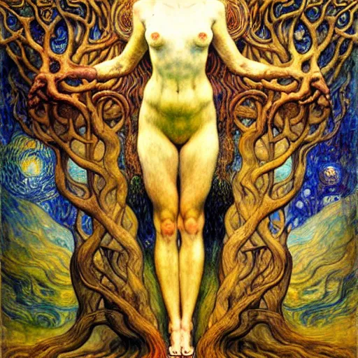 Prompt: tree of life by karol bak, jean delville, william blake, gustav klimt, and vincent van gogh, symbolist, visionary