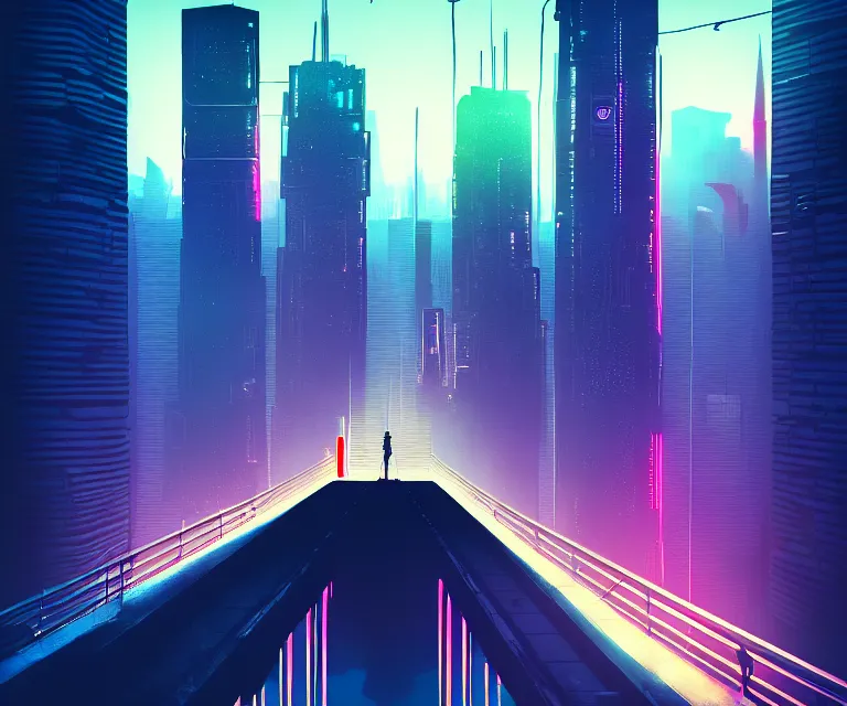 Image similar to a man standing on top of a bridge over a city, cyberpunk art by Vincent Lefevre, behance contest winner, altermodern, cityscape, synthwave, matte painting