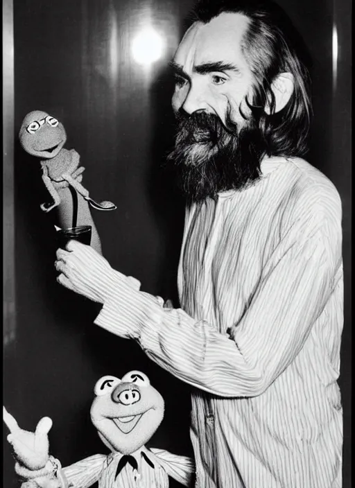 Prompt: vintage magazine advertisement depicting charles manson hosting the muppet show, cinestill grainy film, by alex grey