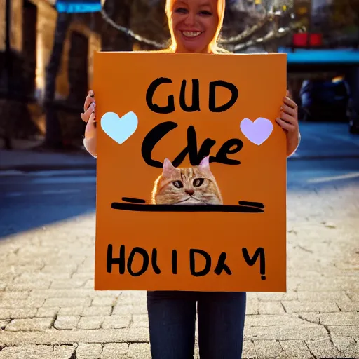 Prompt: cute orange tabby cat holding a sign that says