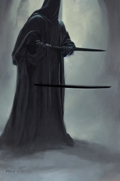 Image similar to a shady figure wearing a black robe and holding a sword vertically in front of its face, painting by brom