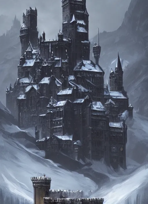 Image similar to a painting of a castlevania, dishonored 2 style castle in the middle of a snowy mountain, a detailed matte painting by andreas rocha and greg rutkowski, featured on artstation, fantasy art, matte drawing, matte painting, artstation hq