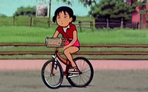 Prompt: a young girl riding a bike with a basket in a small town, 1970s philippines, art by hayao miyazaki, studio ghibli film, hi res, 4k, perfect face