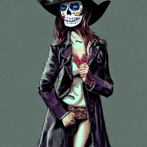 Image similar to in the style Diego Fazio and Joshua Middleton, mila kunis, skull paint, dia de Los muertos, trenchcoat, day of the dead, full body, smiling, cowboy hat