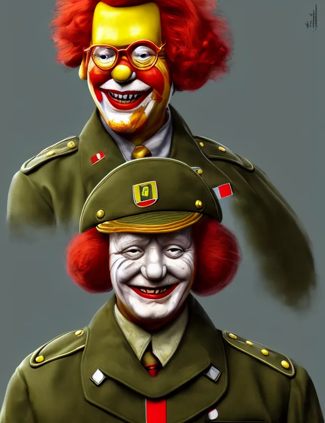 Image similar to a portrait of ronald mcdonald wearing a ww 2 german uniform, by moebius and tyler edlin and hr giger, trending on artstation, digital art, 4 k resolution, detailed, high quality, sharp focus, hq artwork, coherent, insane detail, concept art