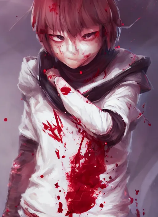 Image similar to a highly detailed illustration of short hair cute japanese girl wearing blood stained hoodie and bandages on arms, dramatic sadistic smile pose, intricate, elegant, highly detailed, centered, digital painting, artstation, concept art, smooth, sharp focus, league of legends concept art, WLOP