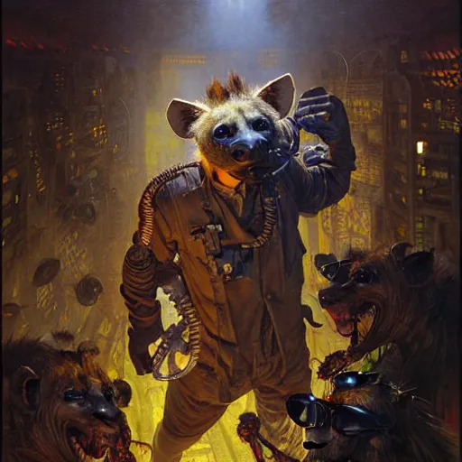 Image similar to portrait of a hyena gnoll doctor scientist. shadowrun furaffiniy cyberpunk fantasy highly detailed painting by gaston bussiere craig mullins jc leyendecker gustav klimt artgerm greg rutkowski john berkey, bergey, craig mullins, ruan jia, raymond swanland, jeremy mann, tom lovell, alex malveda