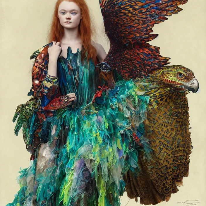 Image similar to a fashion editorial of sadie sink as a brightly colored eagle amphibian hybrid with wet translucent mutated skin. wearing a mutated organic dress. by tom bagshaw, donato giancola, hans holbein, walton ford, gaston bussiere, peter mohrbacher, brian froud and iris van herpen. 8 k, cgsociety