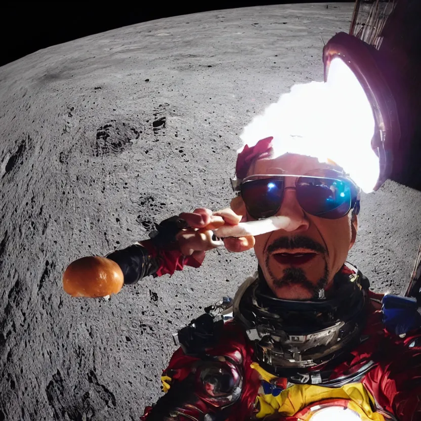 Image similar to robert downey jr eating a hot dog on the moon, dynamic lighting, gopro selfie with a fisheye lens