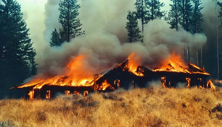 Image similar to 1 9 7 0 s movie still of a burning house in a pine forest, cinestill 8 0 0 t 3 5 mm, high quality, heavy grain, high detail, texture, dramatic light, ultra wide lens, panoramic anamorphic, hyperrealistic,