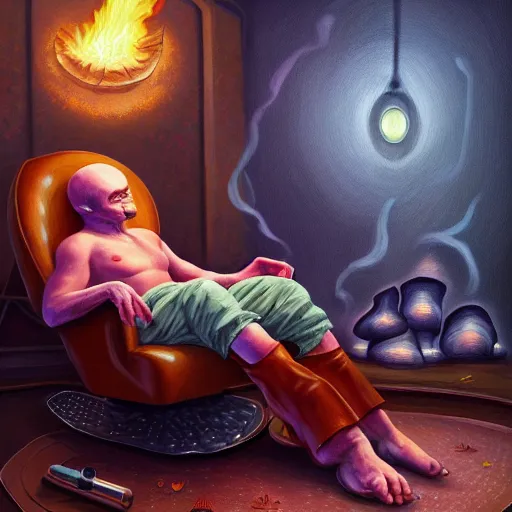 Image similar to painting of a mushroom alien sitting in a recliner by the fire smoking a pipe and wearing a soft robe and slippers, symmetrical, elegant intricate digital painting, trending on artstation, by normal rockwell