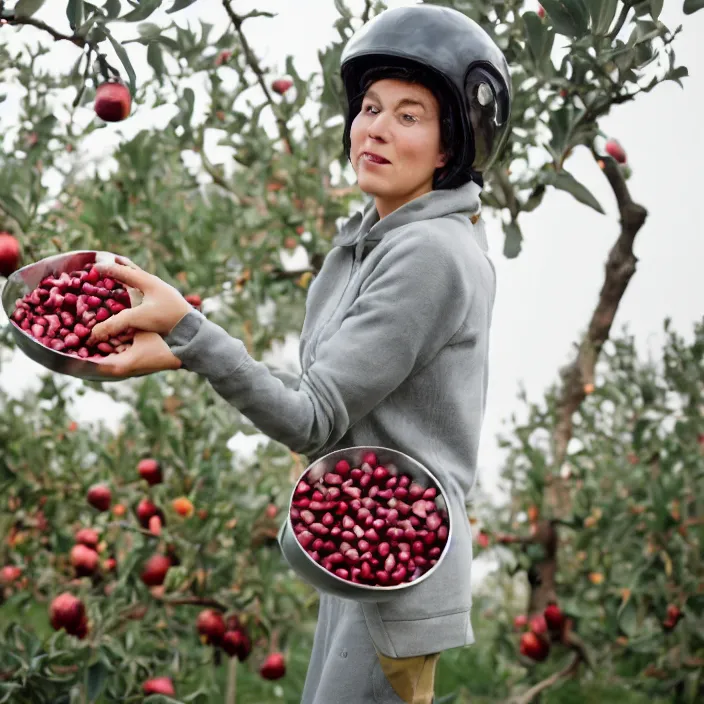 Image similar to a closeup portrait of a woman wearing a helmet made of reflective mylar, picking pomegranates from a tree in an orchard, foggy, moody, photograph, by vincent desiderio, canon eos c 3 0 0, ƒ 1. 8, 3 5 mm, 8 k, medium - format print