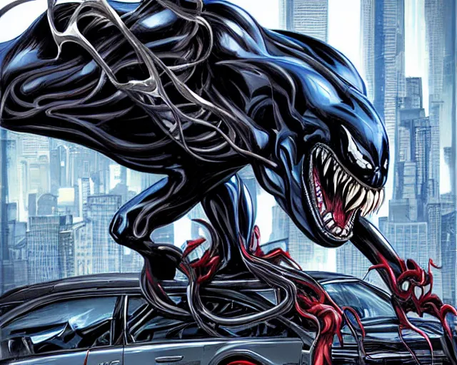 Image similar to Venom standing on top of a wrecked car in the city art by Clayton Crain, Javier Garron and Gerardo Sandoval, Ultra detailed, hyper realistic,