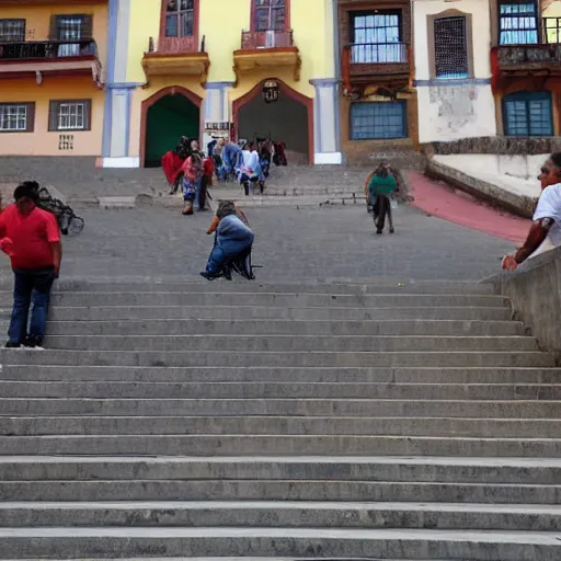 Prompt: an obese indian in a wheelchair on steps in Porto, detailed photo