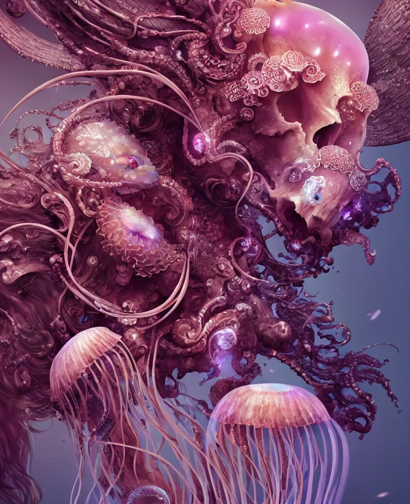 Image similar to goddess close-up portrait ram skull. jellyfish phoenix head, nautilus, orchid, ram skull, betta fish, bioluminiscent creatures, intricate artwork by Tooth Wu and wlop and beeple. octane render, trending on artstation, greg rutkowski very coherent symmetrical artwork. cinematic, hyper realism, high detail, octane render, 8k