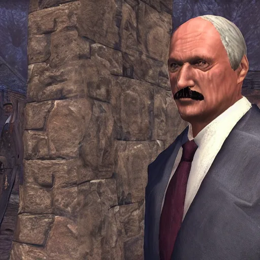 Image similar to Alexander Lukashenko wearing a suit and tie in Balmora in Elder Scrolls III: Morrowind, outdated 2002 Morrowind graphics, low definition, lowpoly