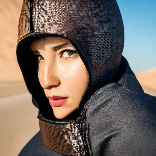 Image similar to photograph of a techwear woman, closeup, on a desert road with a futuristic city in the horizon, sigma 85mm f/1.4, 4k, depth of field, high resolution, 4k, 8k, hd, full color