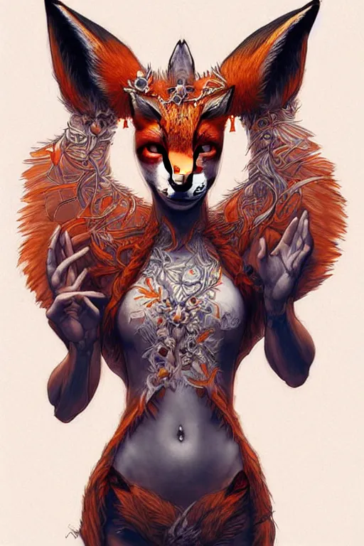 Prompt: digital art, centered full body girl with fox headdress ,intricate, veins, by James Jean and by artgerm , by ross tran, ultradetailed, charachter design, concept art, trending on artstation,