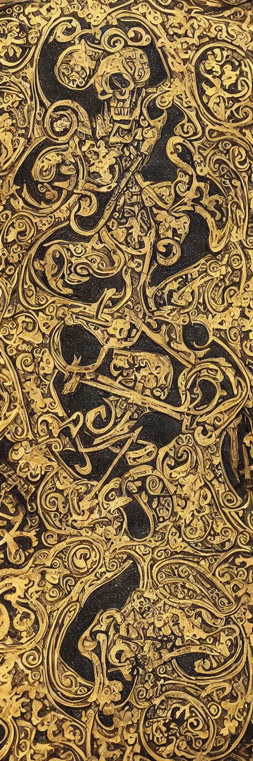 Prompt: magical medieval scroll containing many complex gold inlay symbols and luminous sigils and one a single punisher skull emblem. detailed, high art, intricate, artisan