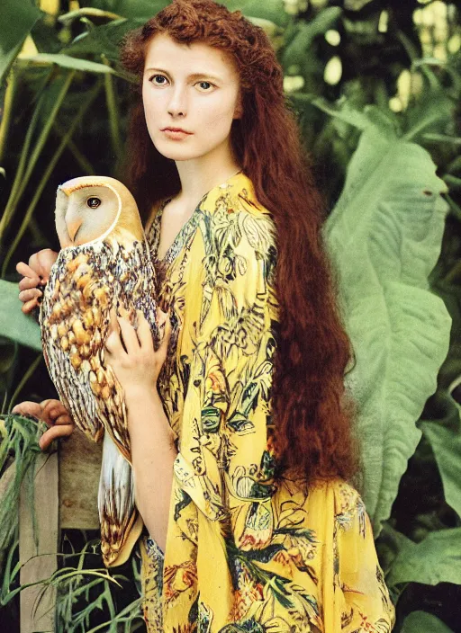 Prompt: Pre - raphaelit grainy head to shoulder portrait Polaroid film photograph of an elegant top model wearing a yellow kimono with a very detailed barn owl on her shoulder!!! sitting on a throne in a tropical greenhouse. looking at the camera!!. super resolution. Extremely detailed. Polaroid 600 film.