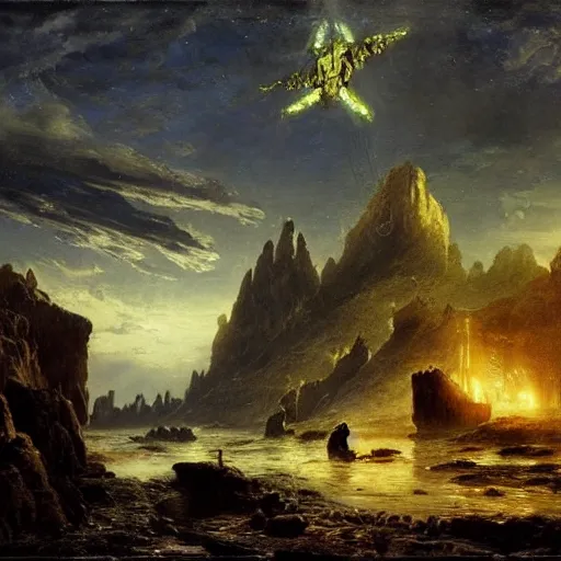 Image similar to scene from prometheus movie, artlilery spaceship lands in an alien landscape, filigree ornaments, volumetric lights, andreas achenbach