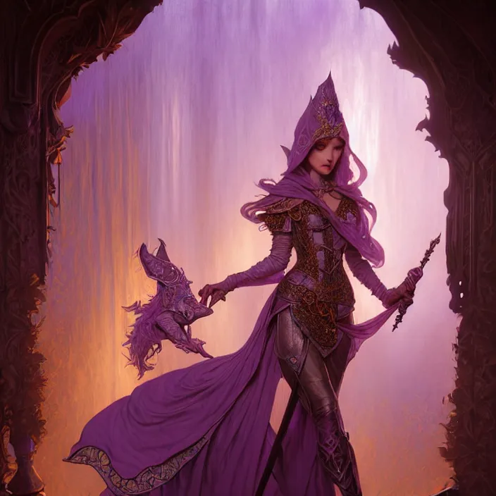 Prompt: veiled d & d bard with her lilac leather armor in a fantasy inn, volumetric lighting, fantasy, intricate, elegant, highly detailed, lifelike, photorealistic, digital painting, artstation, fox ears illustration, concept art, sharp focus, byalbert aublet and krenz cushart and artem demura and alphonse mucha