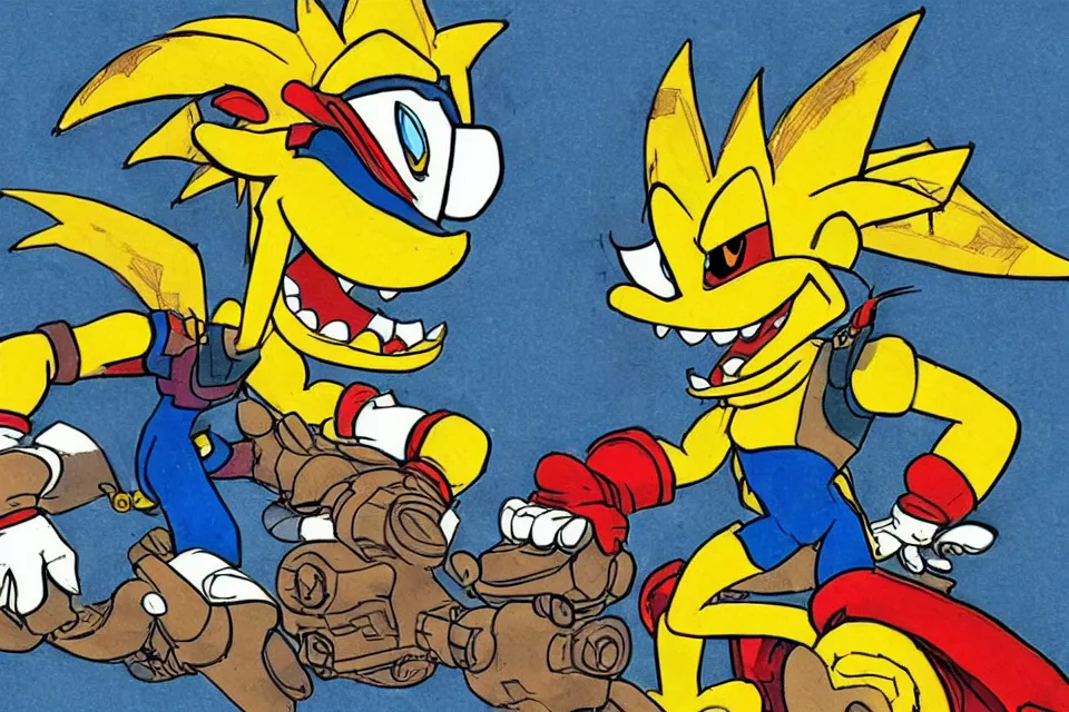 Image similar to concept sketches of crash bandicoot wearing a gold crown riding a large dragon by jamie hewlett, in the style of megaman, micro detail