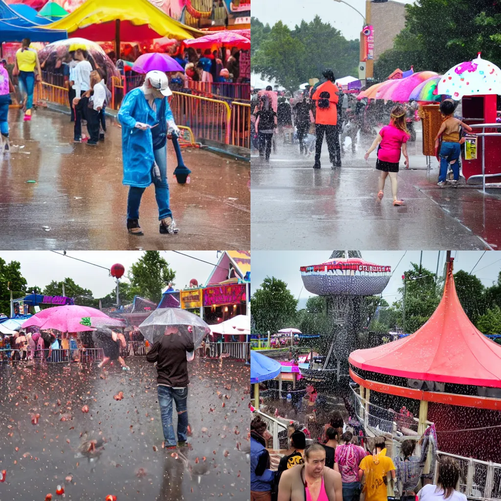 Prompt: raining fecal matter at a busy carnival