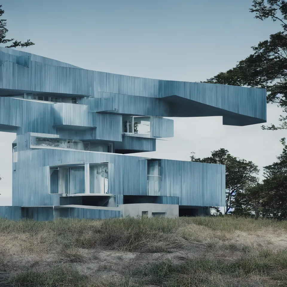 Prompt: architecture ad for a mid-century modern house on the beach, designed by Bjarke Ingels. Film grain, cinematic, colorized, blue hue