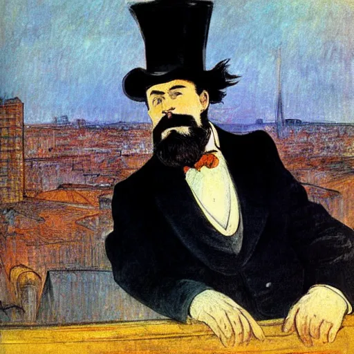 Image similar to A beautiful digital art of a man with a beard and a top hat, looking over a cityscape. by Henri de Toulouse-Lautrec