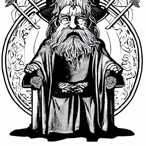 Prompt: An old wizard sitting on a throne, svg