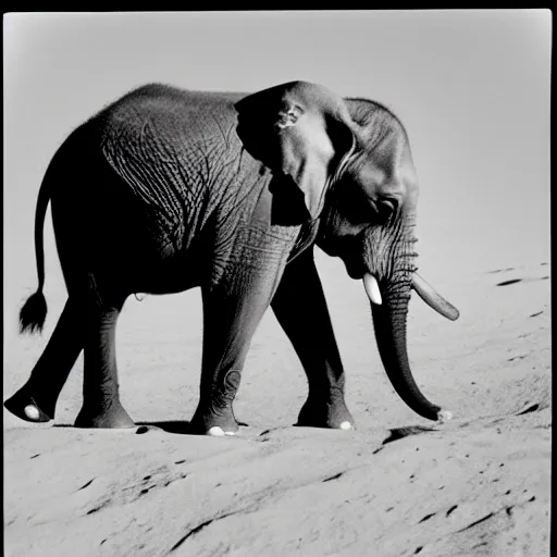 Image similar to extremely detailed black and white polaroid picture by john l. gaunt of a baby elephant standing on the moon's surface. very grainy picture. extreme lighting