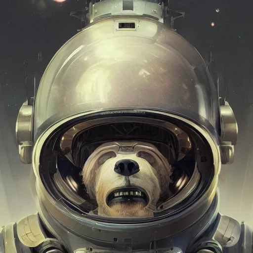 Image similar to detailed science - fiction character portrait of a grizzly bear space robot suit, intricate, wild, highly detailed, digital painting, artstation, concept art, smooth, sharp focus, illustration, art by artgerm and greg rutkowski and alphonse mucha