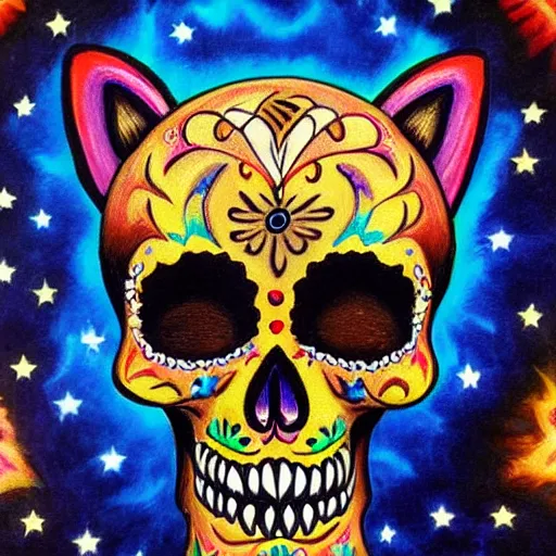 Image similar to a realistic portrait of dia de los muertos fox skull character, themed on the stars and moon, painting by jeff easley, stylized, black light, neon, black velvet, bowling alley carpet, dnd beyond