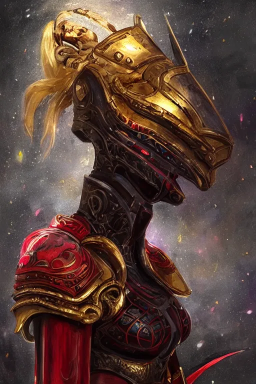 Prompt: portrait evilly knights of Zodiac girl, black and red reflected armor, in ruined Agora of Athens moon night and fire and heavy raindrop, ssci-fi, fantasy, intricate, very very beautiful, elegant, golden light, highly detailed, digital painting, artstation, concept art, smooth, sharp focus, illustration, art by tian zi and WLOP and alphonse mucha