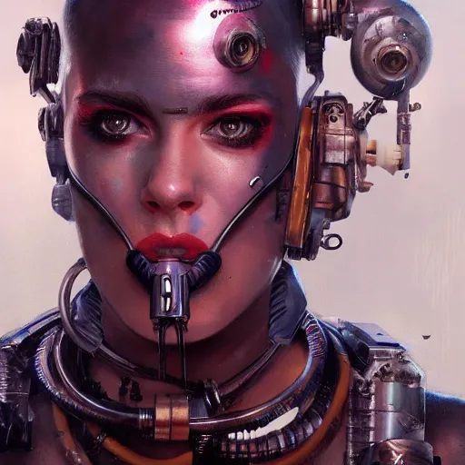 Image similar to tank girl, highly detailed, half human / cyborg, power implants, full body transmogrify, beautiful, mesmerising, look of desire, loving stare, digital painting, trending on artstation, concept art, 4 k, sharp focus, illustration, art by greg rutkowski and magali villeneuve